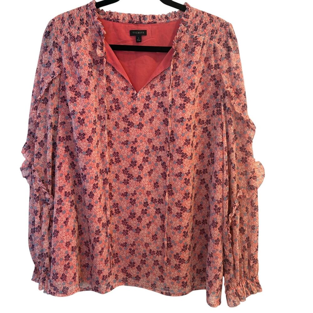 Talbots Floral Sheer Overlay Blouse Smocked Ruffle Sleeve Tie Neck Top Large